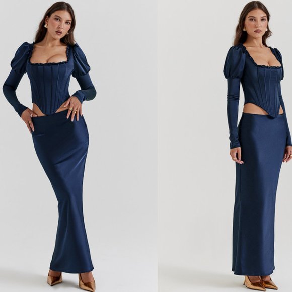 HOUSE OF CB 'Charlene' Navy Satin Bias Cut Maxi Skirt NWOT - Picture 3 of 8